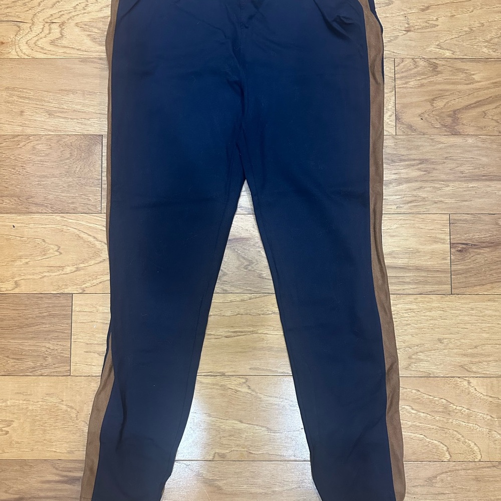 Women’s Ralph Lauren Navy Equestrian leggings with Brown Suede Stripes